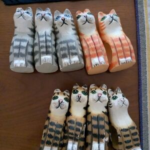 Handcrafted Wooden Cat Figurines - Gray, Orange, Tan